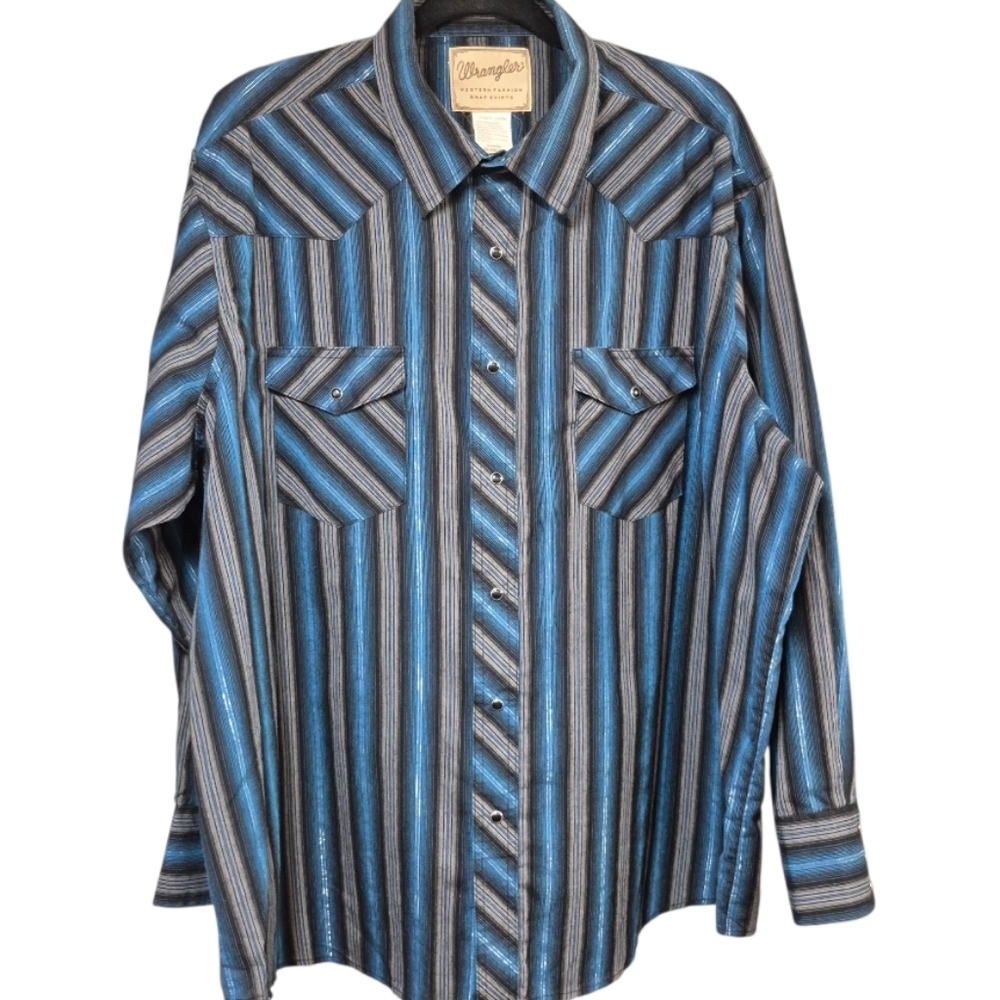 Wrangler Western Shirt Men's 2XL Snap Blue Striped Metallic Thread